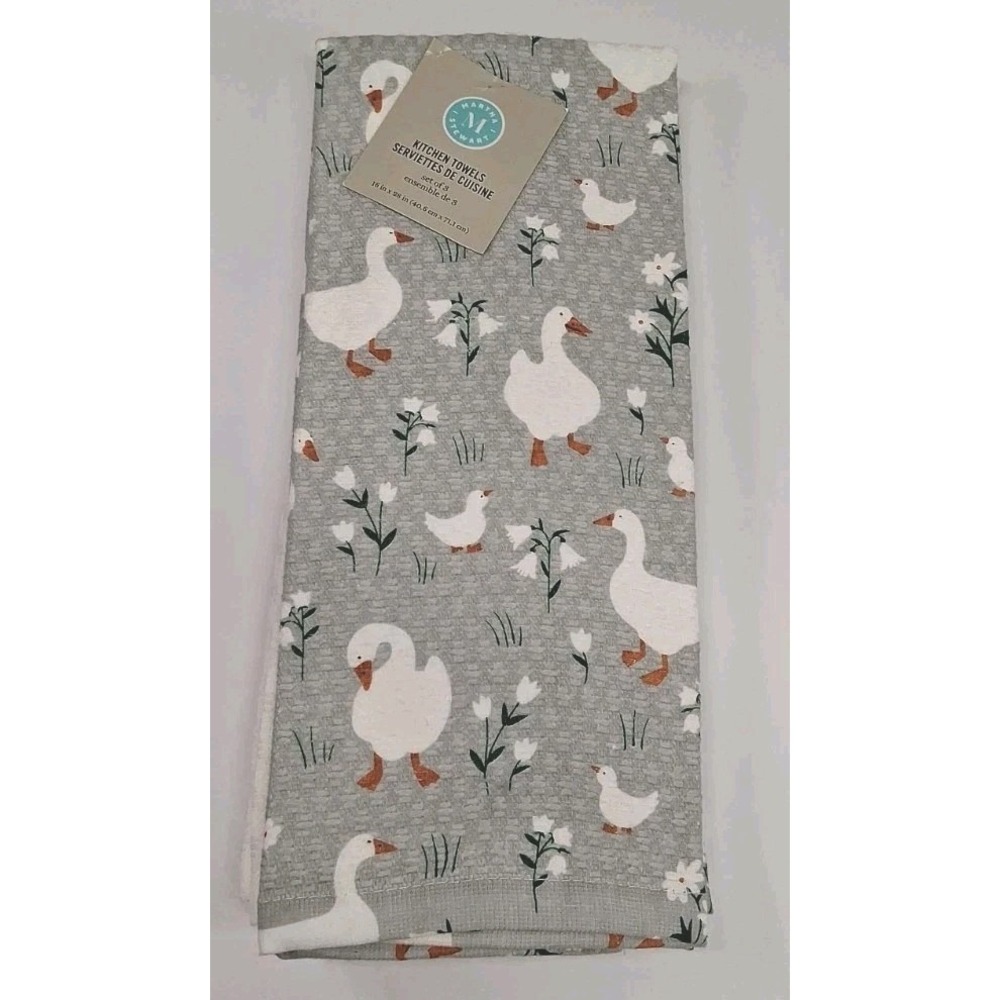 Martha Stewart Set of 3 Duck Kitchen Towels Gray & White 100% Cotton 16" x 28"